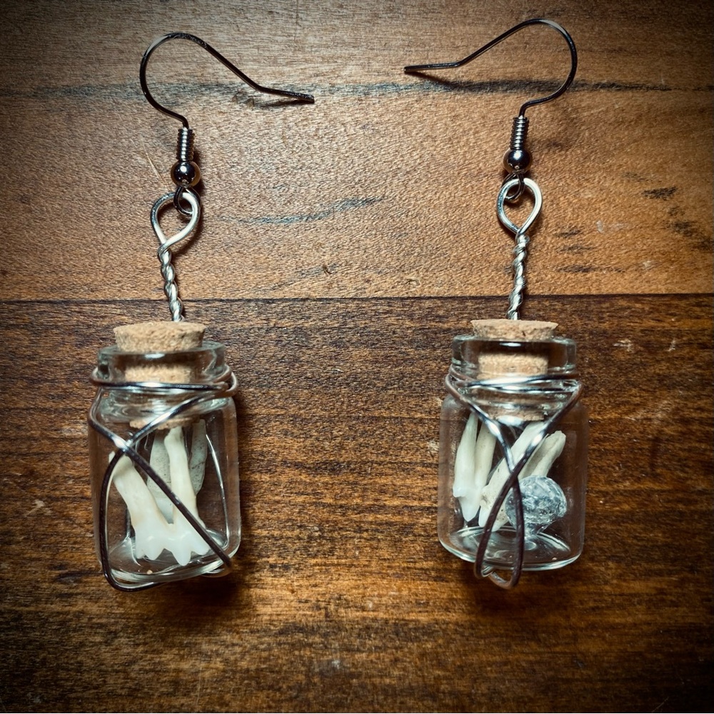 Possum Teeth and Clear Quartz Wire Wrapped Glass Jar Earrings